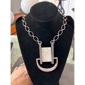 Modernist Statement Necklace Mixed Media Wood Stone Metal Geometric Pendant